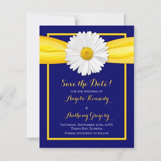 Save The Date Shasta Daisy Yellow Ribbon Mariage bleu marine (Devant)