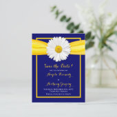 Save The Date Shasta Daisy Yellow Ribbon Mariage bleu marine (Debout devant)