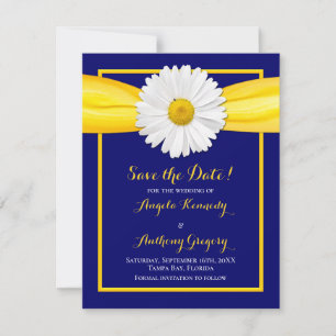 Save The Date Shasta Daisy Yellow Ribbon Mariage bleu marine