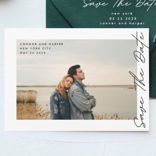 Save The Date Side Ways QR Code Modern Black Text Photo Border
