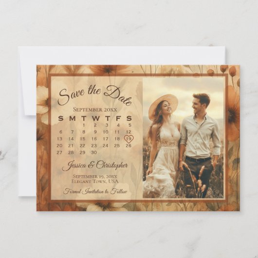 Save The Date Sienna Boho Floral Medley Calendar & Photo Wedding (Devant)