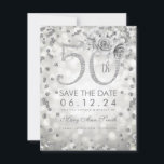 Save The Date Silver 50th Birthday Glam Lights Enregistrer La Da<br><div class="desc">Design élégant "50th Birthday Party" avec Parties scintillant d'argent Confetti & Glam Lights,  nom personnalisé et texte de détails. Facile à utiliser et facile à personnaliser. Commandez aujourd'hui !</div>