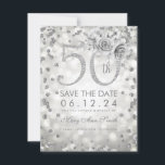 Save The Date Silver 50th Birthday Glam Lights Enregistrer La Da<br><div class="desc">Design élégant "50th Birthday Party" avec Parties scintillant d'argent Confetti & Glam Lights,  nom personnalisé et texte de détails. Facile à utiliser et facile à personnaliser. Commandez aujourd'hui !</div>
