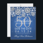 Save The Date Silver Blue 50th Birthday Save Date Winter<br><div class="desc">Elégante "50e fête d'anniversaire" enregistrer la date design avec Silver Faux Parties scintillant Snowflakes & réserver lumières brillantes sur Blue arrière - plan,  et nom personnalisé   détails texte.</div>