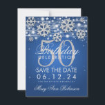 Save The Date Silver Blue 50th Birthday Save Date Winter<br><div class="desc">Elégante "50e fête d'anniversaire" enregistrer la date design avec Silver Faux Parties scintillant Snowflakes & réserver lumières brillantes sur Blue arrière - plan,  et nom personnalisé   détails texte.</div>