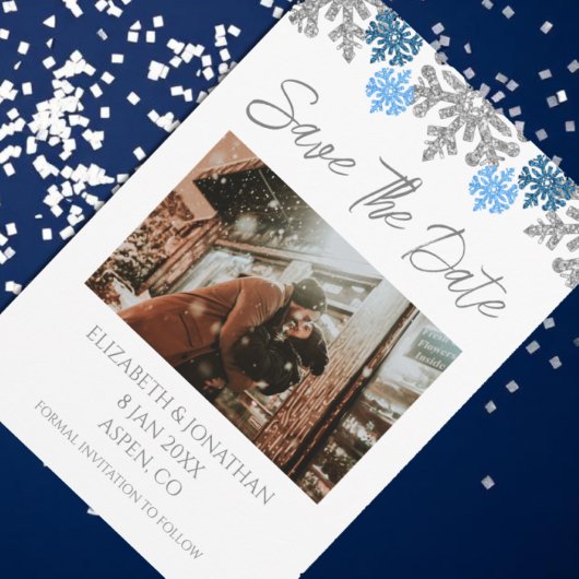 Save The Date Silver Blue Snowflakes Mariage d'hiver