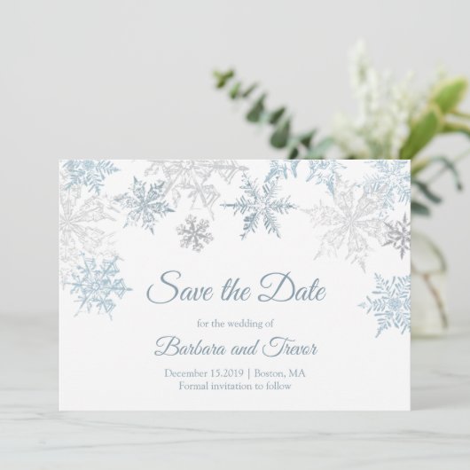Save The Date Silver Blue Snowflakes Noël Mariage d'hiver (Debout devant)