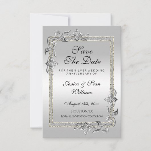 Save The Date Silver Gem & Glitter 25th Wedding Anniversary (Devant)