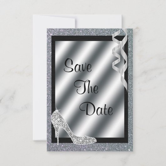 Save The Date Silver Glittery Stiletto & Streamers 65e anniversa (Devant)