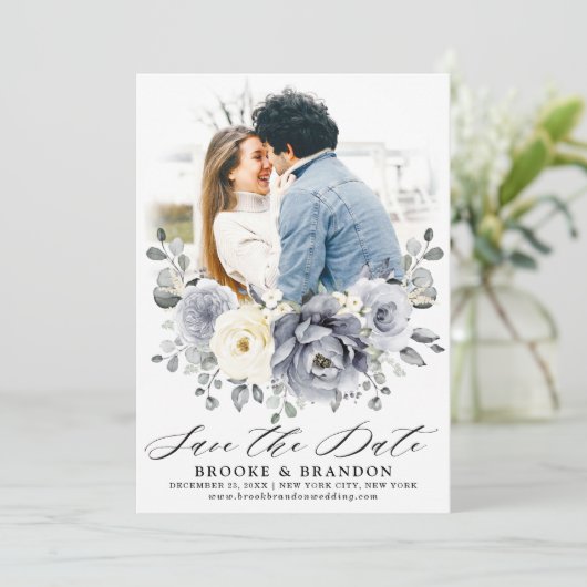 Save The Date Silver Grey Ivory Floral hiver Rustique Mariage (Debout devant)