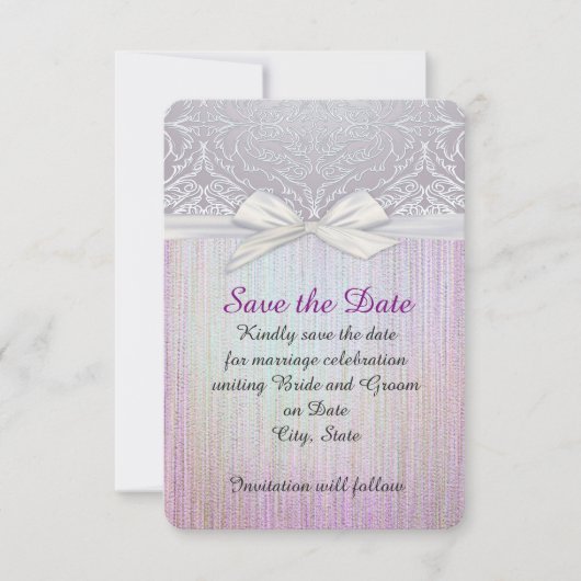 Save The Date Silver Lace Ribbon Lavender Pastel Enregistrer la (Devant)
