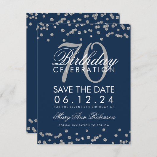 Save The Date Silver Navy Blue 70th Birthday Save Date Confetti (Devant / Derrière)
