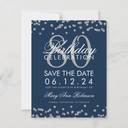Save The Date Silver Navy Blue 80th Birthday Save Date Confetti (Devant)