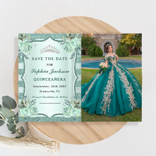 Save The Date Silver Royal Green Quinceanera Photo