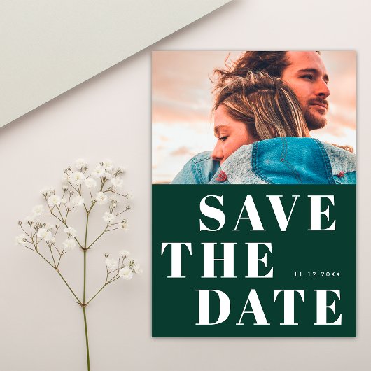 Save The Date Simple 1 Photo Bold Emerald Vert Mariage blanc