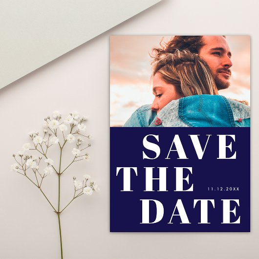 Save The Date Simple 1 Photo Bold Marine bleu et blanc Mariage