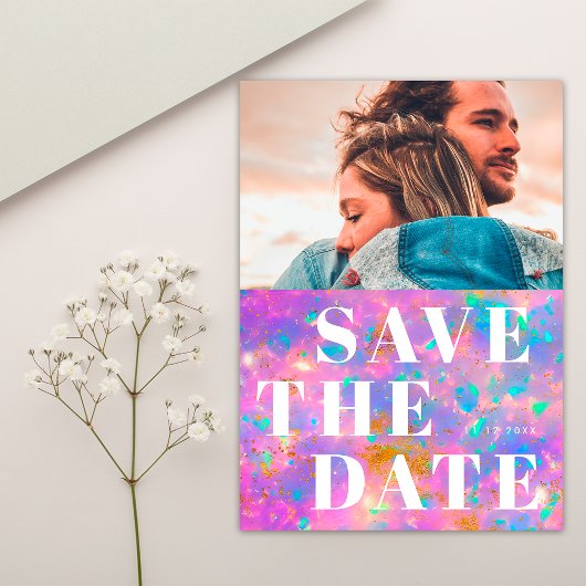Save The Date Simple 1 Photo Bold Pierre opale et Mariage blanc