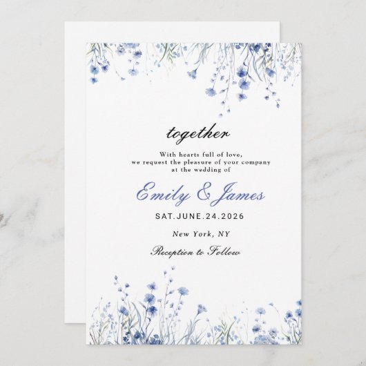 Save The Date simple aquarelle Floral Dusty Blue mariage invita (Devant / Derrière)