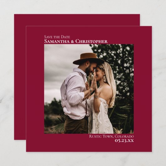 Save The Date Simple Artsy Minimal Photo Cranberry Red Mariage (Devant / Derrière)