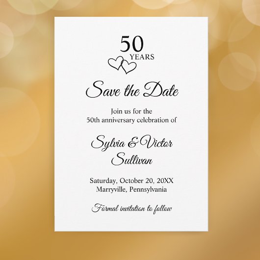 Save The Date Simple Black & White 50th Wedding Anniversary