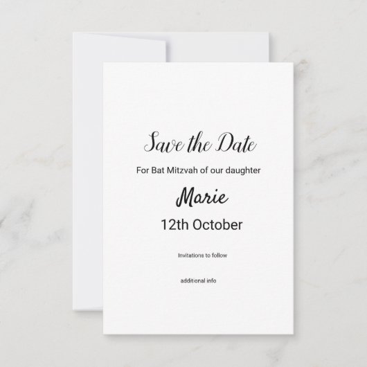Save The Date simple blanc noir classique edi bat mitzvah (Devant)