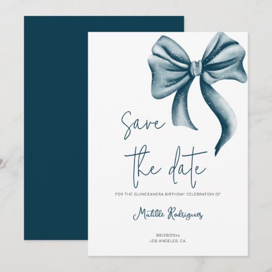 Save The Date Simple Blue Bow Birthday Quinceañera (Devant / Derrière)