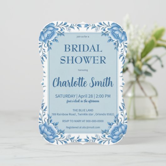 Save The Date Simple Blue Chinoiserie fleurs douche de mariage (Debout devant)
