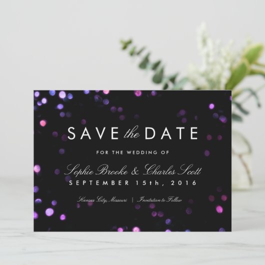 Save The Date Simple Bokeh Glam noir & rose Enregistrer la date (Debout devant)