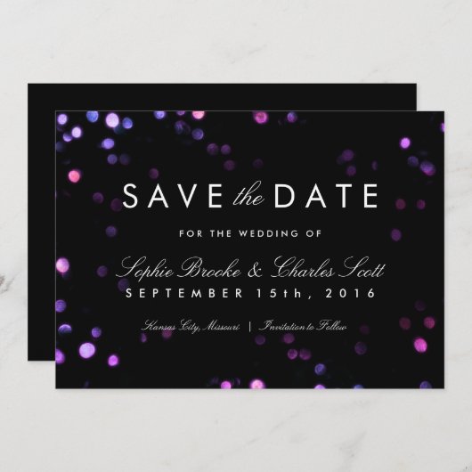 Save The Date Simple Bokeh Glam noir & rose Enregistrer la date (Devant / Derrière)