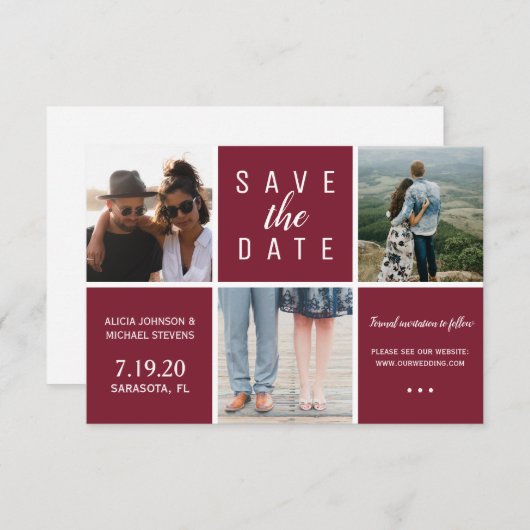 Save The Date Simple bordeaux blanc 3 photo collage mariage (Devant / Derrière)