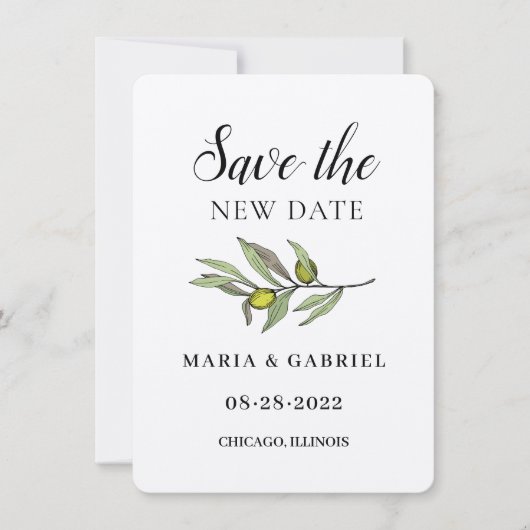 Save The Date Simple Branche d'Olive. Changement de Mariage rust (Devant)
