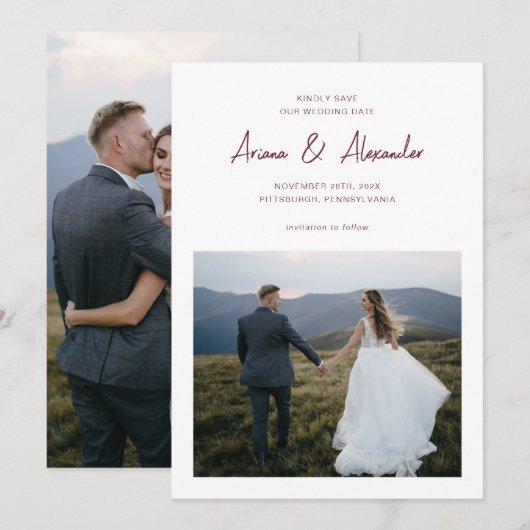 Save The Date Simple Burgundy Script Mariage photo (Devant / Derrière)