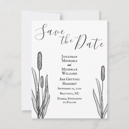 Save The Date Simple Cattails Mariage noir et blanc (Devant)