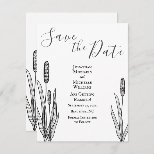Save The Date Simple Cattails Mariage noir et blanc (Devant / Derrière)