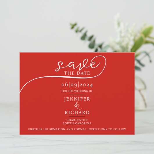 Save The Date Simple Chic Cerisier Rouge Mariage Calligraphie Ph (Debout devant)