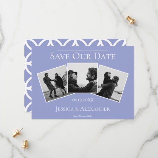 Save The Date Simple Collage de 3 Photos | Épinglez la Date de M (Devant/Arrière en situation)