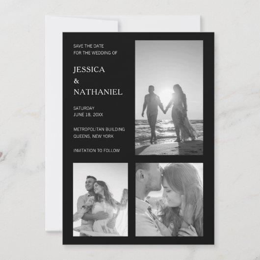 Save The Date Simple Collage Photo Mariage Moderne Noir (Devant)