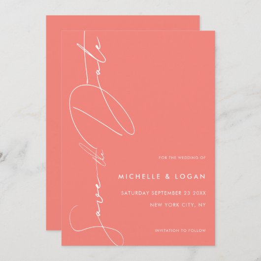 Save The Date Simple Corail rose moderne Script manuscrit (Devant / Derrière)