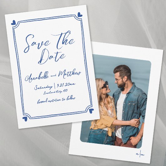 Save The Date Simple Dessin à la Main Photo Bleu Mariage Fantais