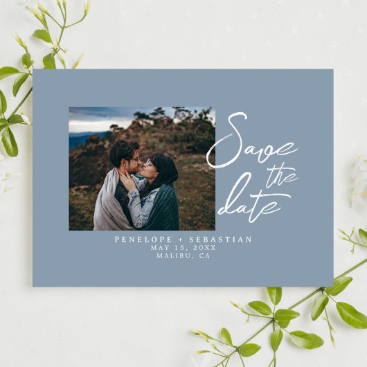 Save The Date Simple Dusty Blue Calligraphy Boho Mariage photo