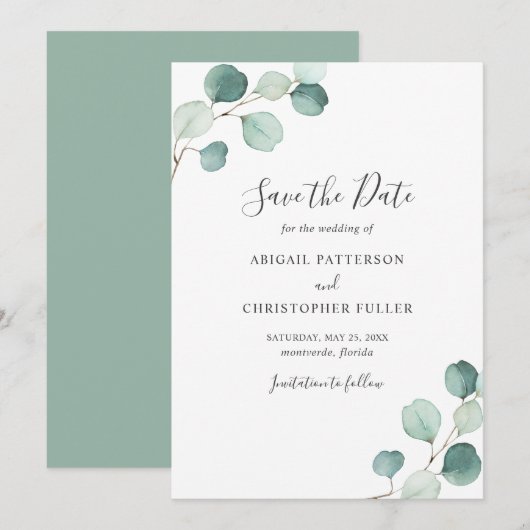 Save The Date Simple Élégance de la Verdure d'Eucalyptus Rustiqu (Devant / Derrière)