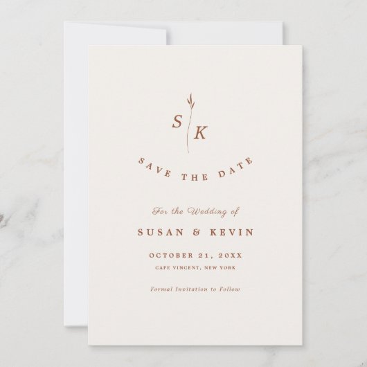 Save The Date Simple Elegance Leaf Monogram Chic Cream Mariage (Devant)