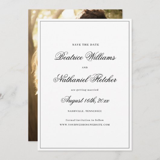Save The Date Simple Elegant Classic noir & blanc Mariage photo (Devant / Derrière)