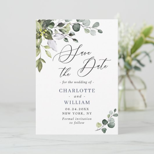 Save The Date Simple Élégant Eucalyptus Mariage Enregistrer (Debout devant)