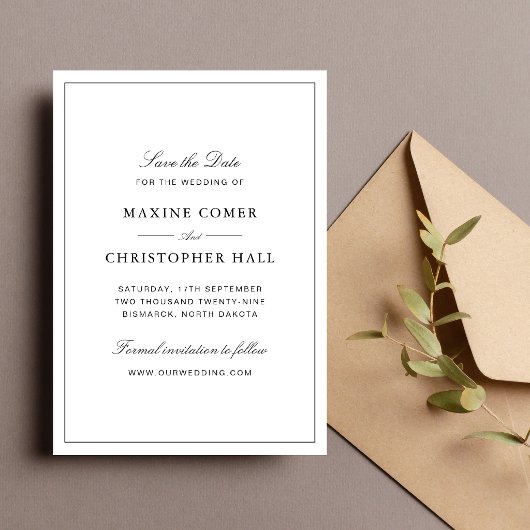 Save The Date Simple Élégant Formel Mariage Blanc & Noir