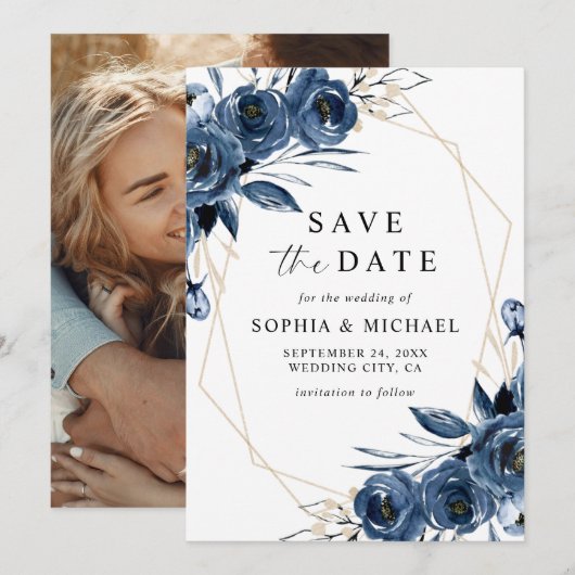Save The Date Simple Élégant Mariage Fleurs Bleues Calligraphie (Devant / Derrière)