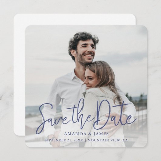 Save The Date Simple Elegant Moderne Bleu Script Mariage photo (Devant / Derrière)