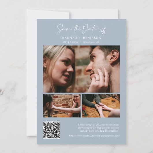 Save The Date Simple élégant moderne Dusty bleu QR Code photo (Dos)