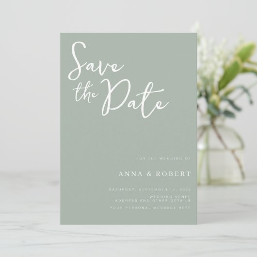 Save The Date Simple élégant moderne Mariage vert Sage (Debout devant)