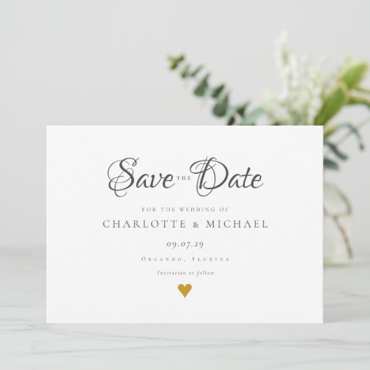 Save The Date Simple Élégant Script Cœur Doré Enregistrer La Dat (Debout devant)
